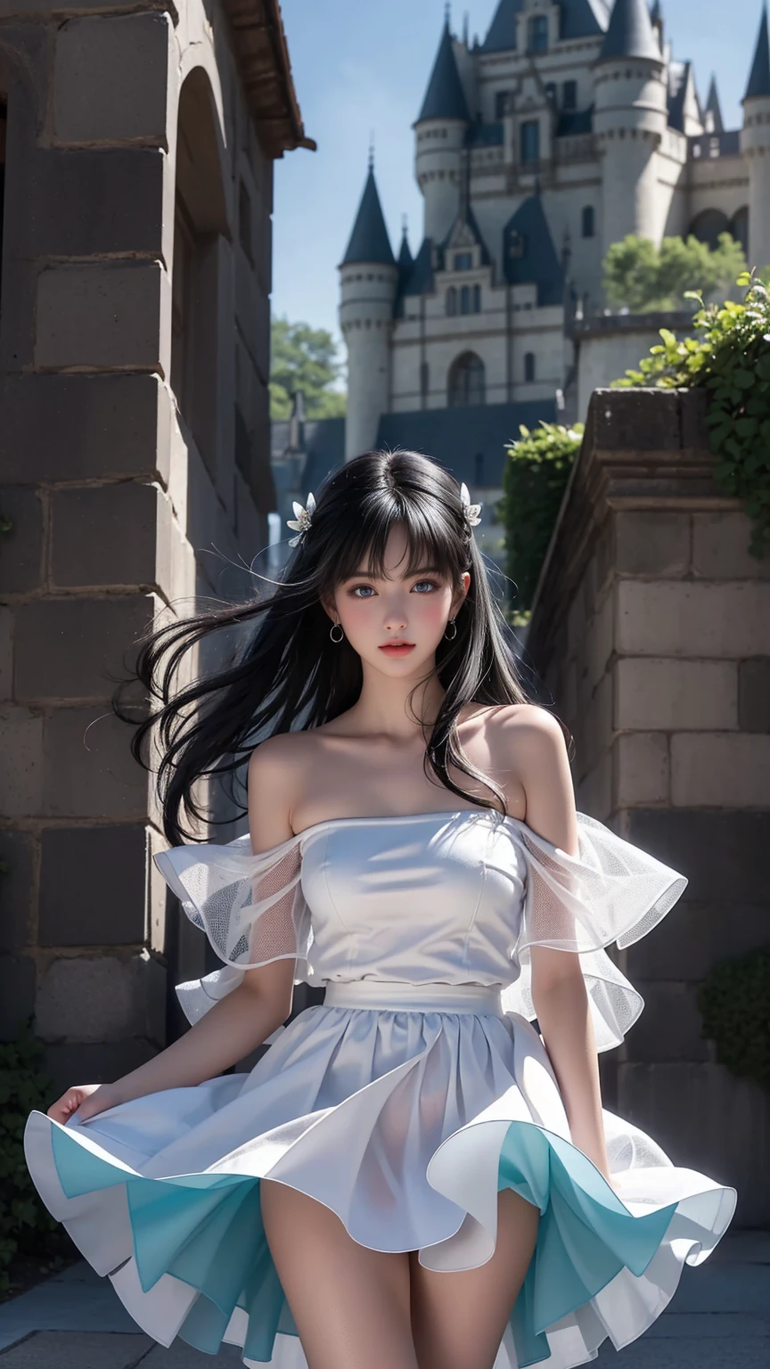 ((Girl standing in front of the wall of an old castle))、Double whirlwind pattern design clothing，Heterochromatic pupil，Silver Haired Girl，Free high resolution,Off the shoulder、Off the shoulder semi-transparent pure white dress in fluorescent colors、1 Girl、Look to the side、Beautiful Face、Beautiful Eyes、（Off the shoulder：1.2）、Upper Body、Shiny Hair、Glowing Skin、 Reduce glare、Adjusted finger proportions、escrow、ass pov、Dynamic Angle、(((Master Parts)))、(((Highest quality)))、(((Super-detailed))) detailed）、（An illustration）、（Detailed light）、（Very delicate and beautiful）、dramatic_Shadow、Ray_Tracking、reflection、 Ultra-high resolution、((Colorful and black hair mesh girls))、 Her hair flutters in the wind、(big deep blue eyes)、Black-haired woman、 Sparkling butterfly、Black-haired woman、Points of light around the woman、Magical Aura、Green dot、About Auras Nature、超Magical AuraBlack-haired woman,((Off the shoulder semi-transparent white dress:1.3))、(Sleevelesy skirt is flying up in the wind)),((An old European castle looms in the distance)),((White panties are visible)),