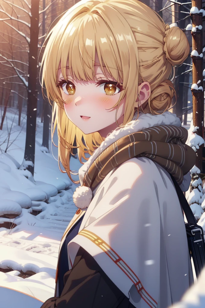 This is Mahirushiina, Mahiru Shiina, blonde, (Brown eyes:1.7), Long Hair, happy smile, smile, Open your mouth,Hair Bun, single Hair Bun,blush,White Breath,
Open your mouth,snow,Bonfire on the ground, Outdoor, boots, snowing, From the side, wood, suitcase, Cape, Blurred, Increase your meals, forest, White handbag, nature,  Squat, Mouth closed, フードed Cape, winter, Written boundary depth, Black shoes, red Cape break looking at viewer, Upper Body, whole body, break Outdoor, forest, nature, break (masterpiece:1.2), Highest quality, High resolution, unity 8k wallpaper, (shape:0.8), (Beautiful and beautiful eyes:1.6), Highly detailed face, Perfect lighting, Extremely detailed CG, (Perfect hands, Perfect Anatomy),