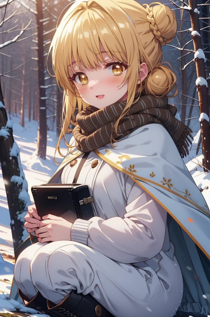 Este é Mahirushiina, Mahiru Shiina, loiro, (olhos castanhos:1.7), cabelo longo, happy Sorriso, Sorriso, abra sua boca,coque de cabelo, single coque de cabelo,corar,Respiração Branca,
abra sua boca,neve,Fogueira no chão, ar livre, botas, neveing, Pelo lado, madeira, mala, Cape, Borrado, Aumente suas refeições, floresta, Bolsa branca, natureza,  Agachamento, boca fechada, Capa com capuz, Inverno, Profundidade do limite escrito, Sapatos pretos, red Cape QUEBRAR looking at viewer, tronco, todo o corpo, QUEBRAR ar livre, floresta, natureza, QUEBRAR (Obra de arte:1.2), mais alta qualidade, alta resolução, papel de parede da unidade 8k, (forma:0.8), (Olhos lindos e lindos:1.6), rosto altamente detalhado, iluminação perfeita, CG extremamente detalhado, (mãos perfeitas, anatomia perfeita),