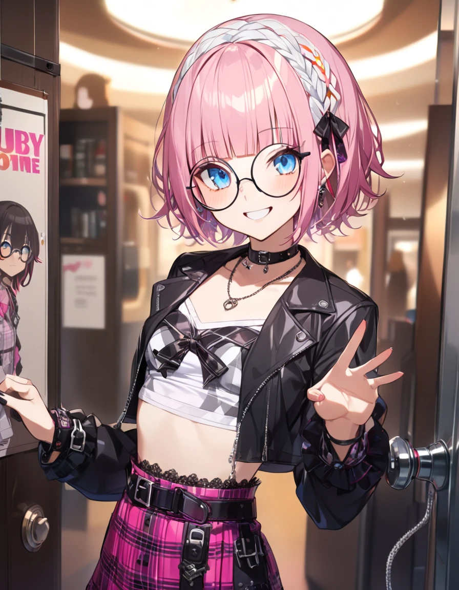 masterpiece, best quality, ultra-detailed, 1girl, pink hair, short hair, ((blunt bangs)), flipped hair, (jitome), blue eyes, Medium chest、slim、Cowboy Shot、smile 、Positive prompt: … BREAK, (white braid hair:1.5), (round glasses:1.2), (visual-kei, v-Kei:1.0), (black (oversized baggy:1.2) long sleeve t-shirt:1.2) with a (tattered elongated long sleeve), (tucked out:1.4), (skulls and Kanji characters printed on t-shirt:1.2), BREAK, (black knee-high:1.5), (oversized baggy boots:1.2), (black checkered mini skirt:1.5), (many silver accessories, necklaces:1.2), 