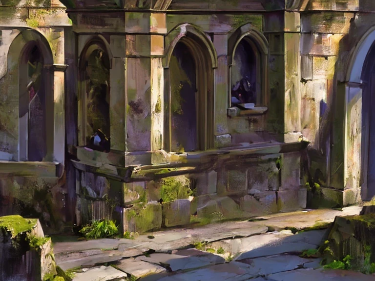 (background),(rule of thirds),(realistic illustration:1.3). Sunrise. Outside of moss covered Gothic church, in the middle of an Old World city, (stone gargoyles). Masterpiece, best quality(highly detailed:1.2),(detailed face and eyes:1.2), depth of field, 8k wallpaper, natural lighting, core shadows, high contrast, bokeh.