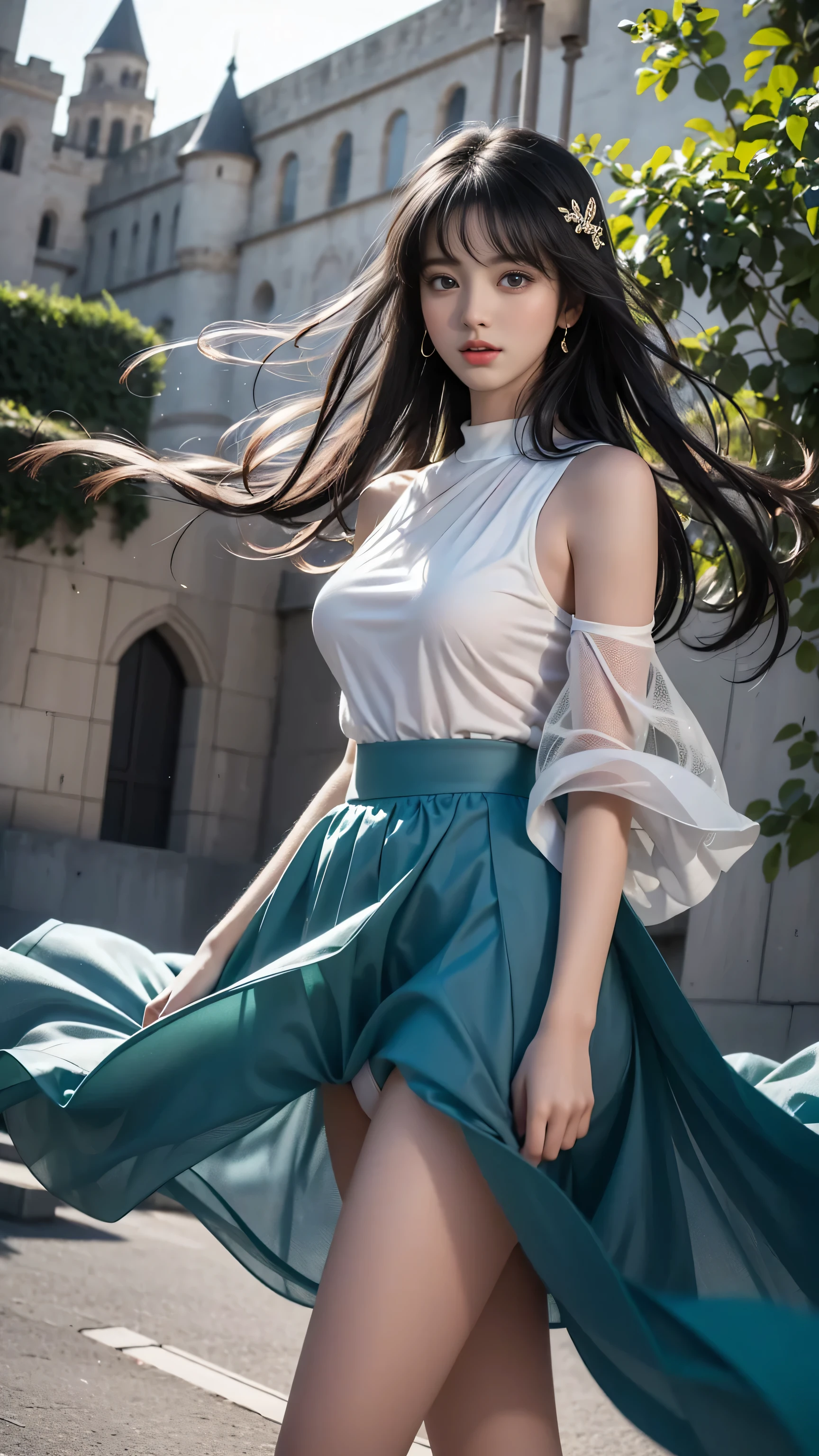 ((Girl standing in front of the wall of an old castle))、Fluorescent color、1 Girl、Look to the side、Beautiful Face、Beautiful Eyes、（Off the shoulder：1.2）、Upper Body、Shiny Hair、Glowing Skin、 Reduce glare、Adjusted finger proportions、escrow、ass pov、Dynamic Angle、(((Master Parts)))、(((Highest quality)))、(((Super-detailed))) detailed）、（An illustration）、（Detailed light）、（Very delicate and beautiful）、dramatic_Shadow、Ray_Tracking、reflection、 Ultra-high resolution、((Colorful and black hair mesh girls))、 Her hair flutters in the wind、(big deep blue eyes)、Black-haired woman、 Sparkling butterfly、Black-haired woman、Points of light around the woman、Magical Aura、Green dot、About Auras Nature、超Magical AuraBlack-haired woman,((Off the shoulder semi-transparent white dress:1.3))、(Sleevelesy skirt is flying up in the wind)),((An old European castle looms in the distance)),((White panties are visible)),