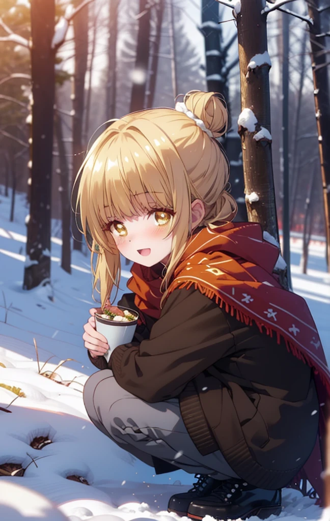 This is Mahirushiina, Mahiru Shiina, blonde, (Brown eyes:1.7), Long Hair, happy smile, smile, Open your mouth,Hair Bun, single Hair Bun,blush,White Breath,
Open your mouth,snow,Bonfire on the ground, Outdoor, boots, snowing, From the side, wood, suitcase, Cape, Blurred, Increase your meals, forest, White handbag, nature,  Squat, Mouth closed, フードed Cape, winter, Written boundary depth, Black shoes, red Cape break looking at viewer, Upper Body, whole body, break Outdoor, forest, nature, break (masterpiece:1.2), Highest quality, High resolution, unity 8k wallpaper, (shape:0.8), (Beautiful and beautiful eyes:1.6), Highly detailed face, Perfect lighting, Extremely detailed CG, (Perfect hands, Perfect Anatomy),