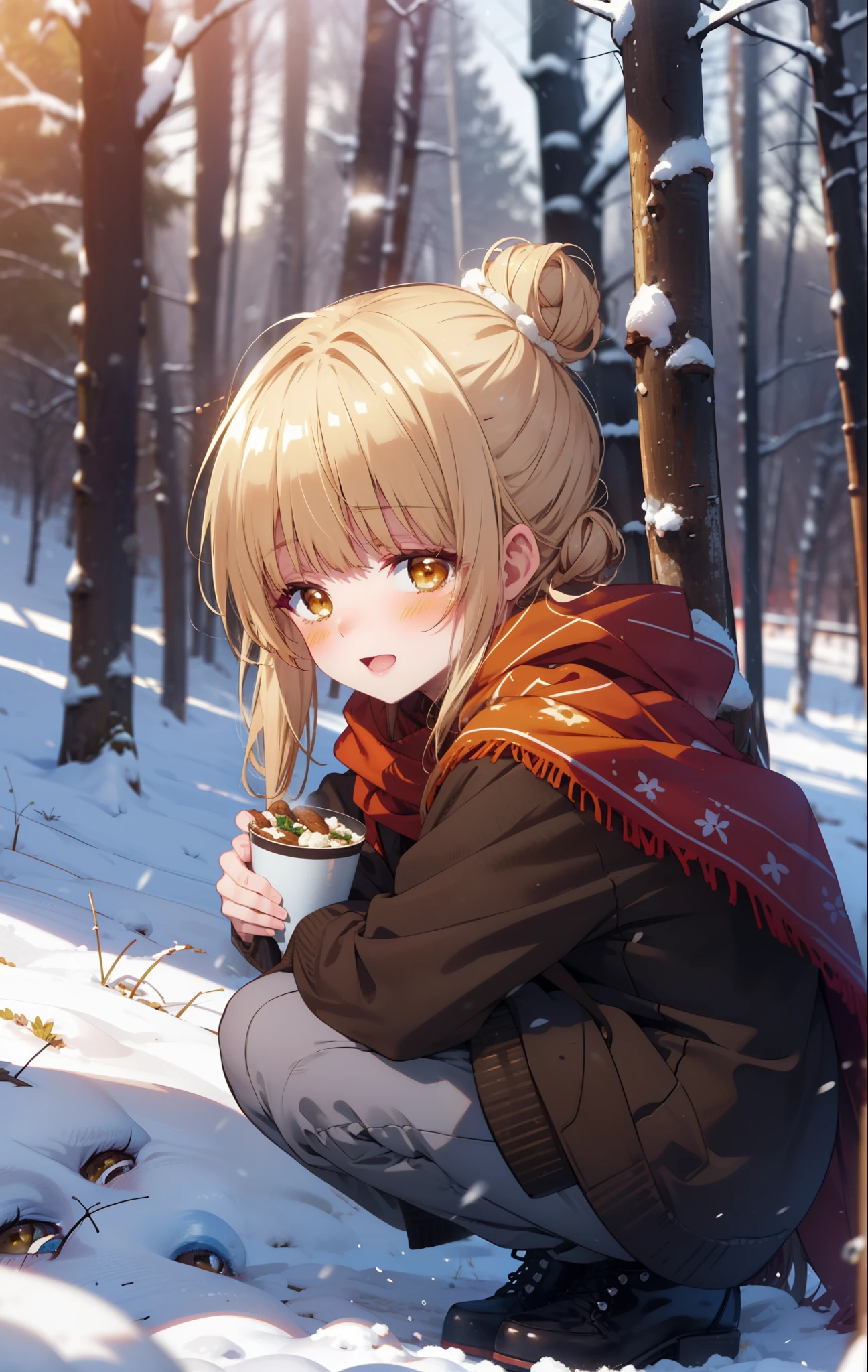 This is Mahirushiina, Mahiru Shiina, blonde, (Brown eyes:1.7), Long Hair, happy smile, smile, Open your mouth,Hair Bun, single Hair Bun,blush,White Breath,
Open your mouth,snow,Bonfire on the ground, Outdoor, boots, snowing, From the side, wood, suitcase, Cape, Blurred, Increase your meals, forest, White handbag, nature,  Squat, Mouth closed, フードed Cape, winter, Written boundary depth, Black shoes, red Cape break looking at viewer, Upper Body, whole body, break Outdoor, forest, nature, break (masterpiece:1.2), Highest quality, High resolution, unity 8k wallpaper, (shape:0.8), (Beautiful and beautiful eyes:1.6), Highly detailed face, Perfect lighting, Extremely detailed CG, (Perfect hands, Perfect Anatomy),