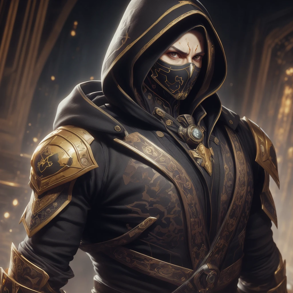 portrait, Scorpio from Mortal Kombat, detailed white eyes, Bladk and yellow armor, hood, veins in the arm, difficult, high detail, sharp focus, Dramatic, Photorealistic painting by Greg Rutkowski