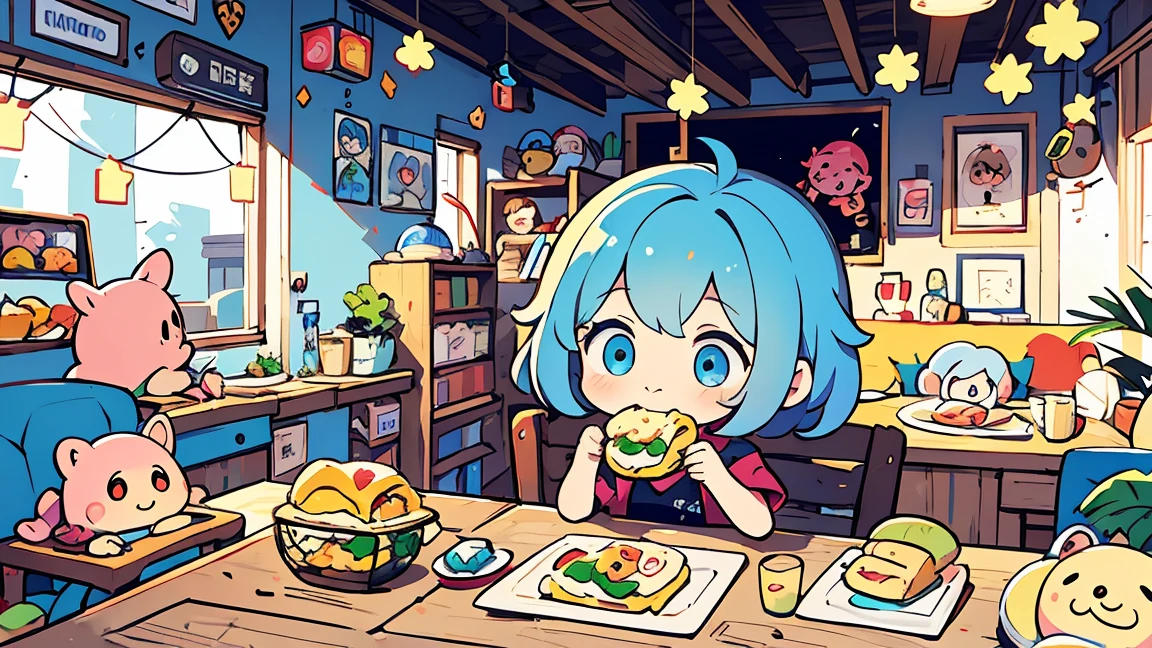 1 female, Light blue hair,　short hair、Happy,cute, animation style, kawaii, clearly, colorful cyberpunk, bubblegum pop, cute、Pink and light blue as main colors、eating omelet rice、