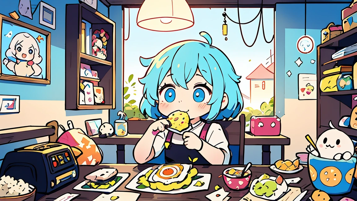 1 female, Light blue hair,　short hair、Happy,cute, animation style, kawaii, clearly, colorful cyberpunk, bubblegum pop, cute、Pink and light blue as main colors、eating omelet rice、