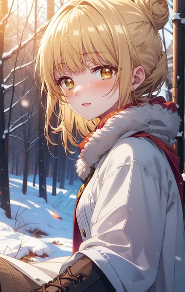 This is Mahirushiina, Mahiru Shiina, blonde, (Brown eyes:1.7), Long Hair, happy smile, smile, Open your mouth,Hair Bun, single Hair Bun,blush,White Breath,
Open your mouth,snow,Bonfire on the ground, Outdoor, boots, snowing, From the side, wood, suitcase, Cape, Blurred, Increase your meals, forest, White handbag, nature,  Squat, Mouth closed, フードed Cape, winter, Written boundary depth, Black shoes, red Cape break looking at viewer, Upper Body, whole body, break Outdoor, forest, nature, break (masterpiece:1.2), Highest quality, High resolution, unity 8k wallpaper, (shape:0.8), (Beautiful and beautiful eyes:1.6), Highly detailed face, Perfect lighting, Extremely detailed CG, (Perfect hands, Perfect Anatomy),