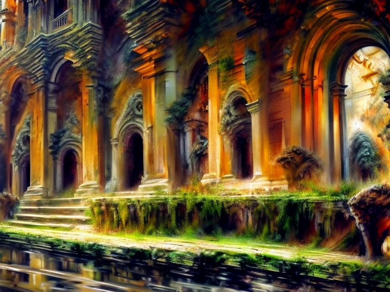 (background),(rule of thirds),(realistic illustration:1.3). Sunrise. Outside of moss covered Gothic church, in the middle of an Old World city, (stone gargoyles). Masterpiece, best quality(highly detailed:1.2),(detailed face and eyes:1.2), depth of field, 8k wallpaper, natural lighting, core shadows, high contrast, bokeh.