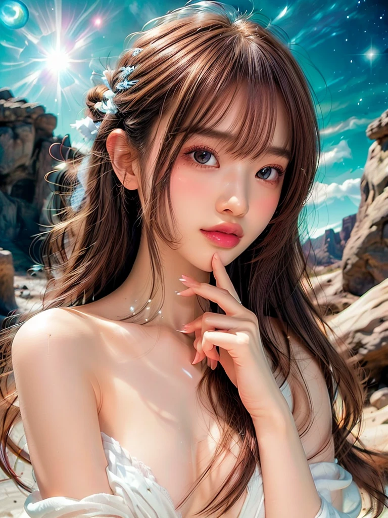 4K Ultra HD, masterpiece, A girl with a magical aura, Nice face, Long Hair, Shiny Hair, fine grain, Glossy Lips, Nude 1.5, Aura around the body, Magical Effects, Spreading white light, Cosmic elements and ethereal atmosphere, A mix of bright lights and colorful nebulae, Space Background,, Full Body Capture.Whitening、Silver Hair、(((Naked and wearing white cloth 1.5)))、Hair and fabric blowing in the wind、(((Nude 1.5)))、(((Place your right hand on your mouth 1.4)))、Bust up photo、(((Feeling Ecstasy 1.85)))、Twin Tails Hair 1.4