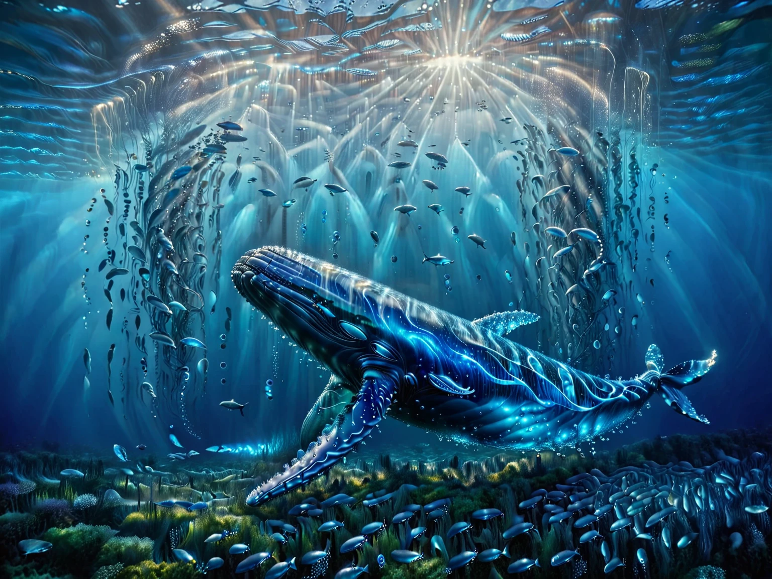 It depicts an underwater scene of a large whale surrounded by a school of small fish.。The whale is positioned vertically into the water.、The tail is at the bottom of the image、Head facing up towards the water surface。The surrounding water is colored in various tones of blue.、It gives a sense of depth and serenity.。I see a ray of light from above、Water surface is nearby