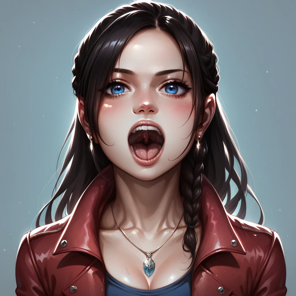 score_9, score_8_up, score_7_up, Claire redfield,  jewelry, black hair, blue eyes, red jacket, jacket, necklace, long hair, braid, realistic, upper body, looking at viewer, detailed mouth, mesmerizing mouth, high definition mouth, focus on mouth, best quality, detailed, absurd resolution, absurd detail, intricate details, vibrant colors, ultra-realistic, open mouth,