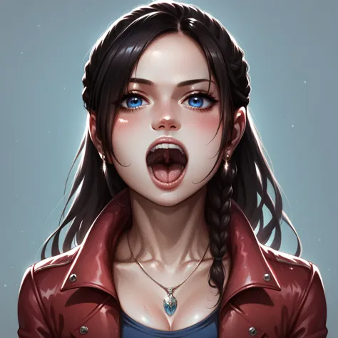 score_9, score_8_up, score_7_up, claire redfield,  jewelry, black hair, blue eyes, red jacket, jacket, necklace, long hair, brai...