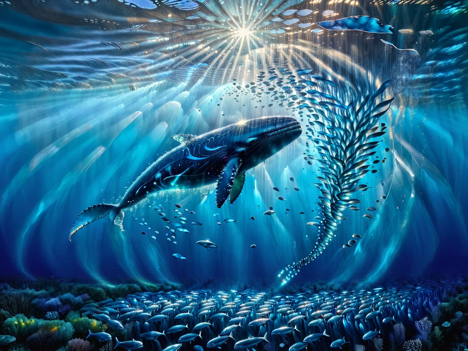 Representa una escena submarina de una gran ballena rodeada por un banco de peces pequeños..。La ballena se coloca verticalmente en el agua..、La cola está en la parte inferior de la imagen.、Cabeza mirando hacia la superficie del agua.。El agua circundante está coloreada en varios tonos de azul..、Da una sensación de profundidad y serenidad..。Veo un rayo de luz desde arriba、La superficie del agua está cerca