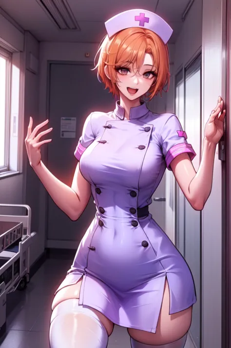 1girl, solo, nurse, nurse cap, white nurse uniform, ((white legwear, zettai ryouiki)), white gloves, very short hair, orange hai...