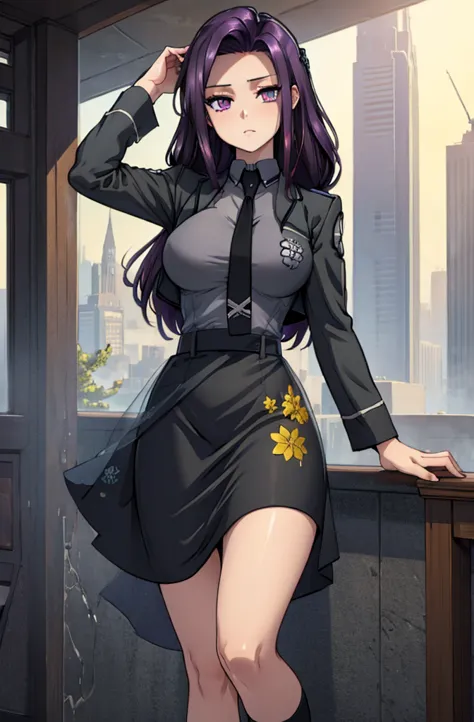 Masterpiece. detailed eyes, waist-length reddish purple hair, Large breasts, black dress, black shirt, magic_high_school_uniform...