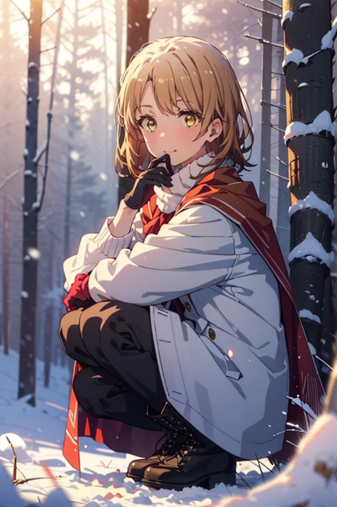 Irohaisshiki, isshiki iroha, short hair, Brown Hair, (Brown eyes:1.5), smile,
Open your mouth,snow, fire, Outdoor, boots, snowing, From the side, wood, suitcase, Cape, Blurred, Eat food, forest, gloves, nature, Brown eyes, red gloves, Squat, Mouth closed, フードed Cape, winter, Written boundary depth, Black shoes, red Cape break looking at viewer, Upper Body, whole body, break Outdoor, forest, nature, break (masterpiece:1.2), Highest quality, High resolution, unity 8k wallpaper, (shape:0.8), (Beautiful and beautiful eyes:1.6), Highly detailed face, Perfect lighting, Extremely detailed CG, (Perfect hands, Perfect Anatomy),