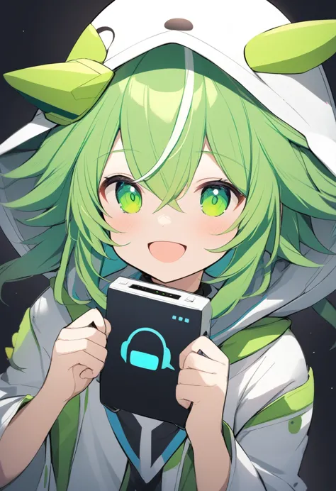 one girl,zundamon,voice box ,green hair, smile,simple white background、no text、i&#39;m doing survival、has a hammer