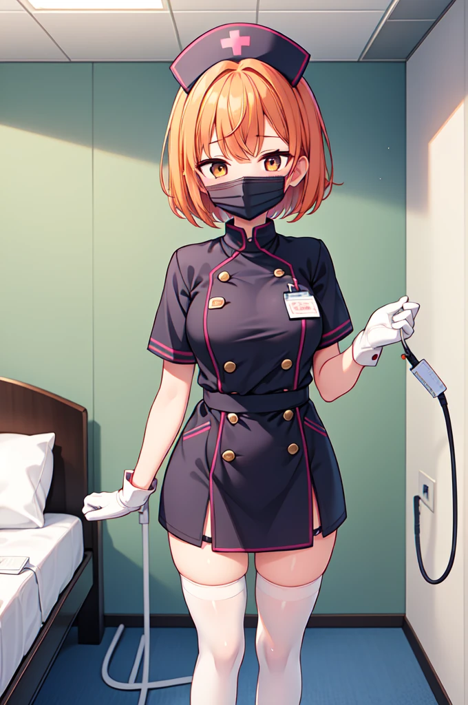 1 chica, solo, enfermero, enfermero cap, white enfermero uniform, ((calzas blancas, zettai ryouiki)), guantes blancos, pelo muy corto, pelo naranja, ((mascarilla quirúrgica blanca, Nariz cubierta)), de pie, ((cuarto de hospital)), contorno nítido, mangas cortas, Chica poco femenina, infantil, mejor calidad, obra maestra