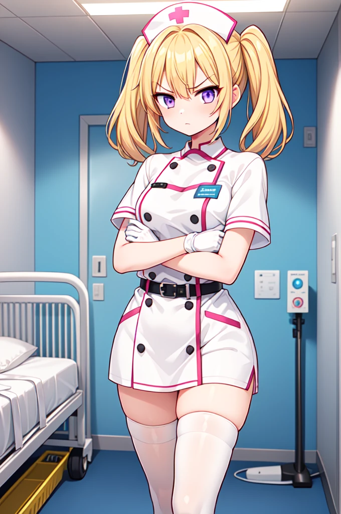 1girl, solo, nurse, nurse cap, white nurse uniform, ((white legwear, zettai ryouiki)), white gloves, twintails, yellow hair, purple eyes, angry, crossed arms, standing, ((hospital room)), sharp outline, short sleeves, best quality, masterpiece