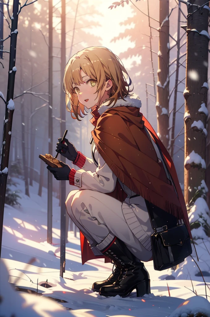 Irohaisshiki, isshiki iroha, short hair, Brown Hair, (Brown eyes:1.5), smile,
Open your mouth,snow, fire, Outdoor, boots, snowing, From the side, wood, suitcase, Cape, Blurred, Eat food, forest, gloves, nature, Brown eyes, red gloves, Squat, Mouth closed, フードed Cape, winter, Written boundary depth, Black shoes, red Cape break looking at viewer, Upper Body, whole body, break Outdoor, forest, nature, break (masterpiece:1.2), Highest quality, High resolution, unity 8k wallpaper, (shape:0.8), (Beautiful and beautiful eyes:1.6), Highly detailed face, Perfect lighting, Extremely detailed CG, (Perfect hands, Perfect Anatomy),