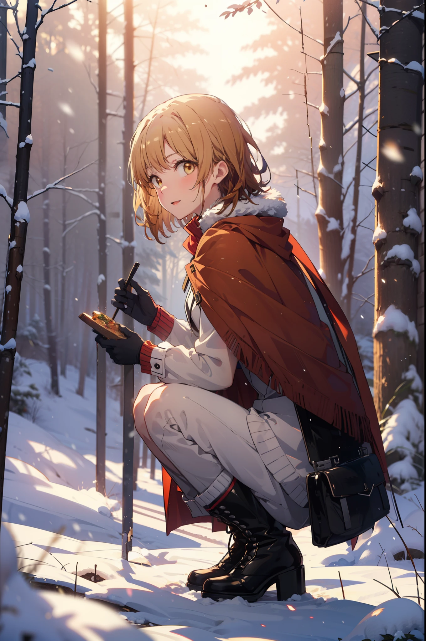 Irohaisshiki, isshiki iroha, short hair, Brown Hair, (Brown eyes:1.5), smile,
Open your mouth,snow, fire, Outdoor, boots, snowing, From the side, wood, suitcase, Cape, Blurred, Eat food, forest, gloves, nature, Brown eyes, red gloves, Squat, Mouth closed, フードed Cape, winter, Written boundary depth, Black shoes, red Cape break looking at viewer, Upper Body, whole body, break Outdoor, forest, nature, break (masterpiece:1.2), Highest quality, High resolution, unity 8k wallpaper, (shape:0.8), (Beautiful and beautiful eyes:1.6), Highly detailed face, Perfect lighting, Extremely detailed CG, (Perfect hands, Perfect Anatomy),