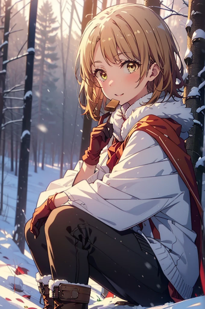 Irohaisshiki, isshiki iroha, short hair, Brown Hair, (Brown eyes:1.5), smile,
Open your mouth,snow, fire, Outdoor, boots, snowing, From the side, wood, suitcase, Cape, Blurred, Eat food, forest, gloves, nature, Brown eyes, red gloves, Squat, Mouth closed, フードed Cape, winter, Written boundary depth, Black shoes, red Cape break looking at viewer, Upper Body, whole body, break Outdoor, forest, nature, break (masterpiece:1.2), Highest quality, High resolution, unity 8k wallpaper, (shape:0.8), (Beautiful and beautiful eyes:1.6), Highly detailed face, Perfect lighting, Extremely detailed CG, (Perfect hands, Perfect Anatomy),