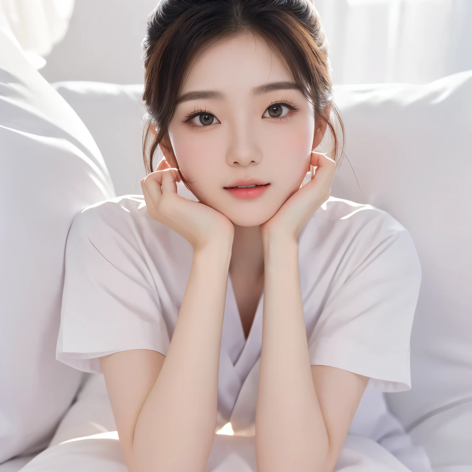 masterpiece, best quality, 1girl, (resting chin in hands), hospital bed, Beautiful Japanese female nurse wearing white nurse outfit, beautiful detailed face, pale skin, realistic skin, detailed cloth texture, detailed hair texture, accurate, Anatomically correct, Highly detailed face and skin texture , looking at viewer