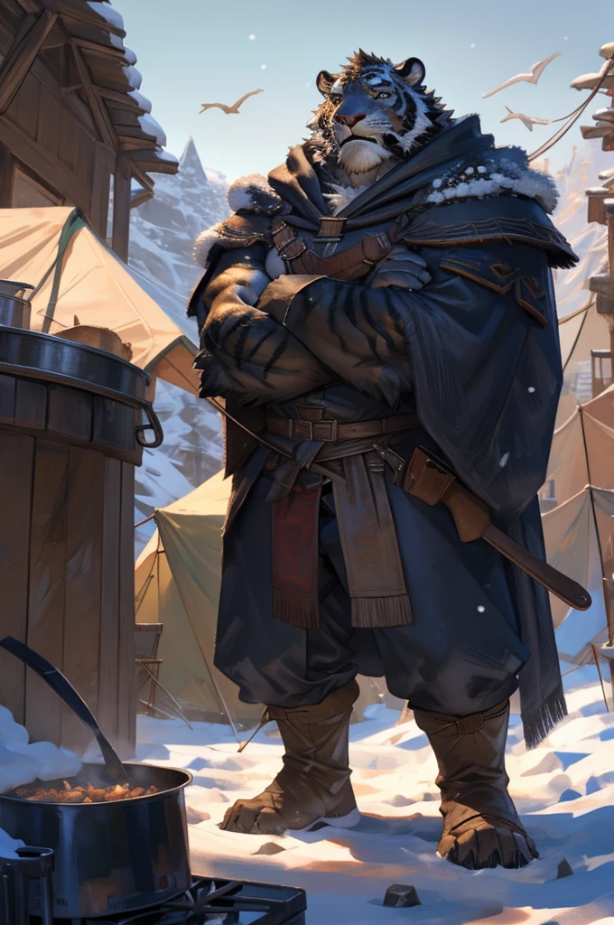 By Taran Fiddler, One man, furry, anthropomorphic snow tiger, mature male, older male, muscular, white and black fur, stern face, medieval clothing, wearing light brown cloak, wearing satchel, standing up, arms crossed, cooking pot nearby, snow background, tent settlement background, silhouettes in background