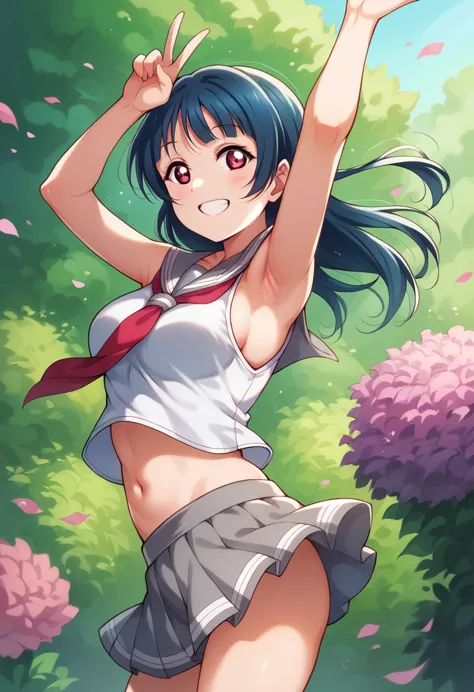 yoshiko tsushima love live,serafuku, gray mini skirt, slightly from side, v, armpits,wind  ,navel, breasts, smile , standing, sl...