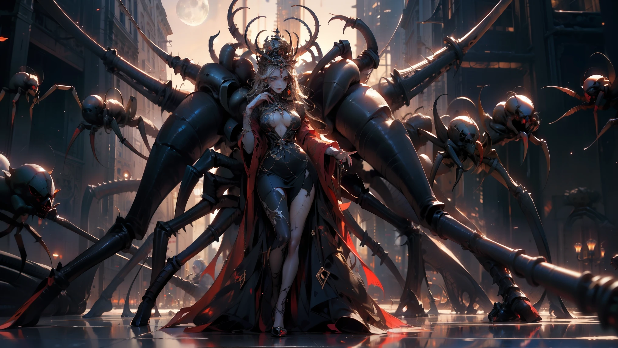 Spider Queen Унголиант, LOTR Shelob, Spider Queen, tmasterpiece,Best quality at its best,ultra - detailed,realistically,valid,photo,1 inch girl with giant breasts,One,tiaras,Ear and nipple ring,Pearls and jewelry,full body, lesbian,long nails,black dress,Spider leg,horror theme,fears,Sinophobia,night,moon,The overall effect is a great blend of fantasy., chaos and abyss,. close-up, fine quality Blue eyes, Blue eyes , ultra detailed, beautiful and aesthetically pleasing, masterpiece, Best Quality Score, extremely detailed, ray tracing, Medium Body, close-up, High view, particles and hard light, cut corner. depth of field、natural soft light、professional lighting、Great smile、(highly detailed skin: 1.2)、Photorealistic render of an anime girl、Bright highlights of the eyes、Ideal Anatomy、Crotch open、shy、legs spread、Panties visible、skirt flips over、Shiny body, oily, erectile nipple))、permission 8k、sophisticated clothes、complex parts