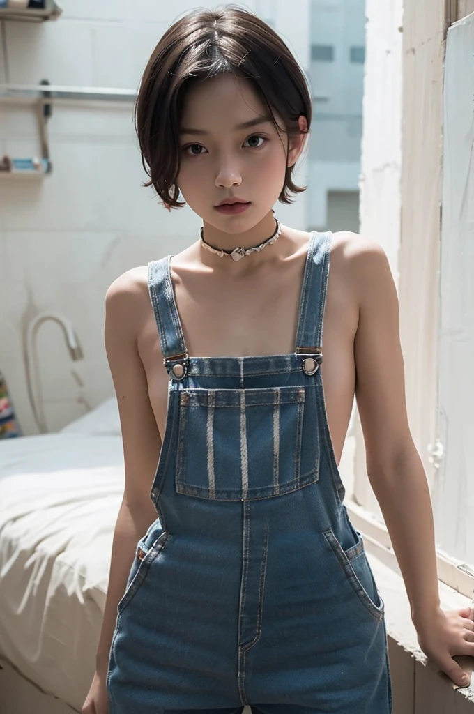 A cute boy, Looks about 12 years old (short hair), Height about 140 cm, (Wearing very short overalls next to the skin), flat chest like a boy, Slender body, The wall is a concrete wall, Black Hair, eyeball, Surrealism, Blurred, Cinema Lighting, Bokeh, Very detailed, Anatomically correct, Accurate, Award-winning, 16K, The clothes are transparent, Short torso, Anatomically correct body balance, slightly plump figure, soft, artwork, naked overalls, Wear only overalls, No sleeve, naked arms, choker, naked ((The private parts are almost visible))