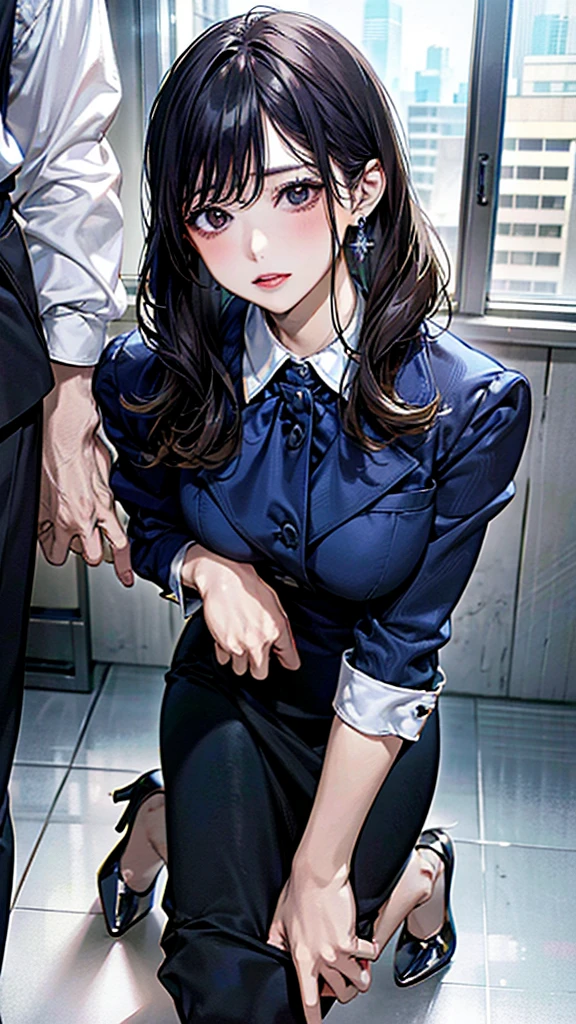 Blowjob、Office lady、Tailored Suits、Pencil Skirt、High heels、Lower body of man in front of female face、A woman is sitting sideways、On my knees、Kneeling posture、