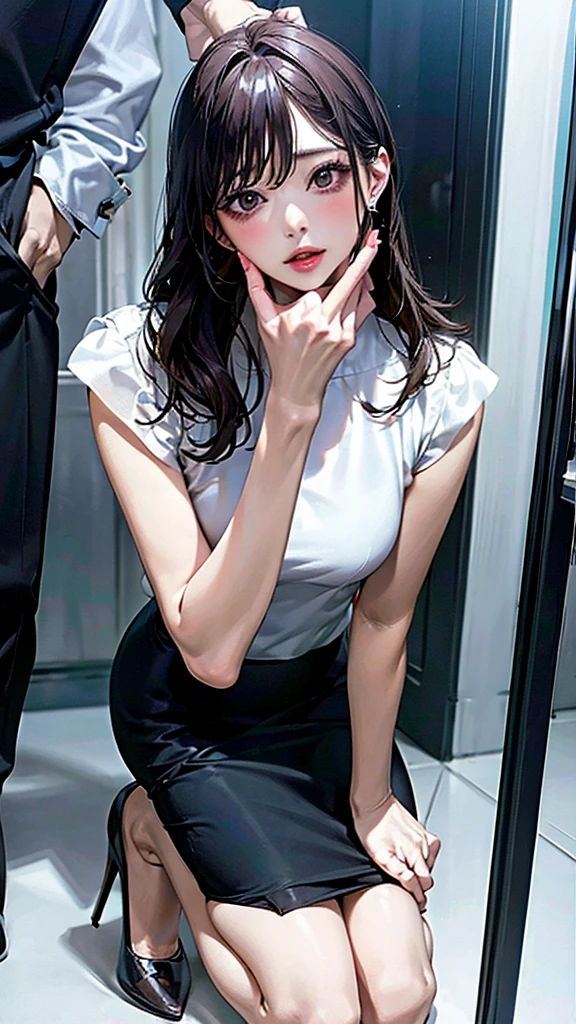 Blowjob、Office lady、Tailored Suits、Pencil Skirt、High heels、Lower body of man in front of female face、A woman is sitting sideways、On my knees、Kneeling posture、