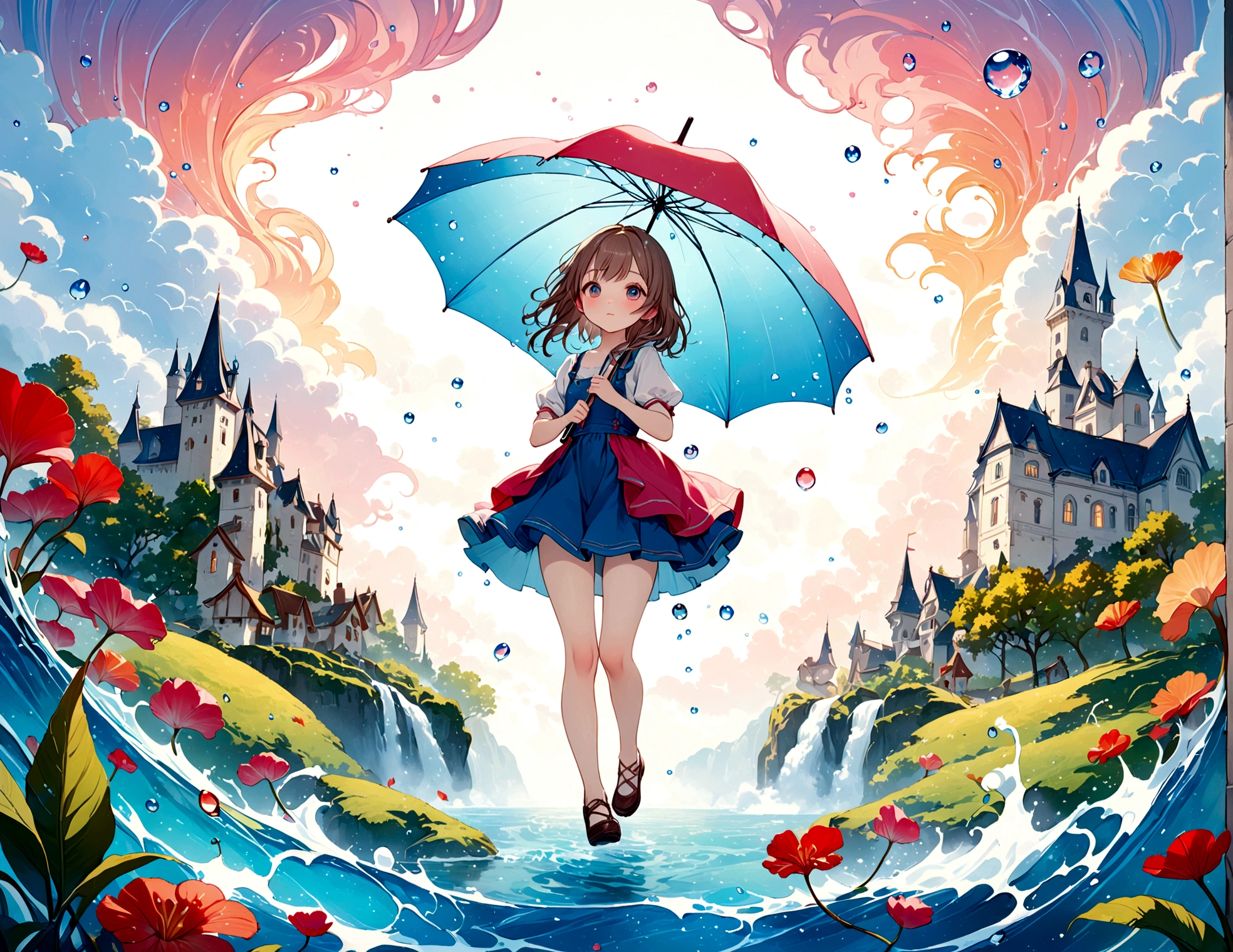 cuteイラスト: landscape,Street corner on a rainy day,絵本に出てくるようなlandscape,Emotional,Girl is walking,break,(Girl with an umbrella),umbrella,Anatomically correct,break,Create an artistic background,Add a drop pattern to the background,The street is colorful, Fairytale-like,This is a cute illustration like a dream.,Blur the lines of the water droplets for an artistic look.,Intricate details,Wide range of colors,artwork,rendering,(masterpiece:1.3),(Highest quality:1.4),(Very detailedな:1.5),High resolution,Very detailed,unity 8k wallpaper,Structurally correct,cute,Fantasy