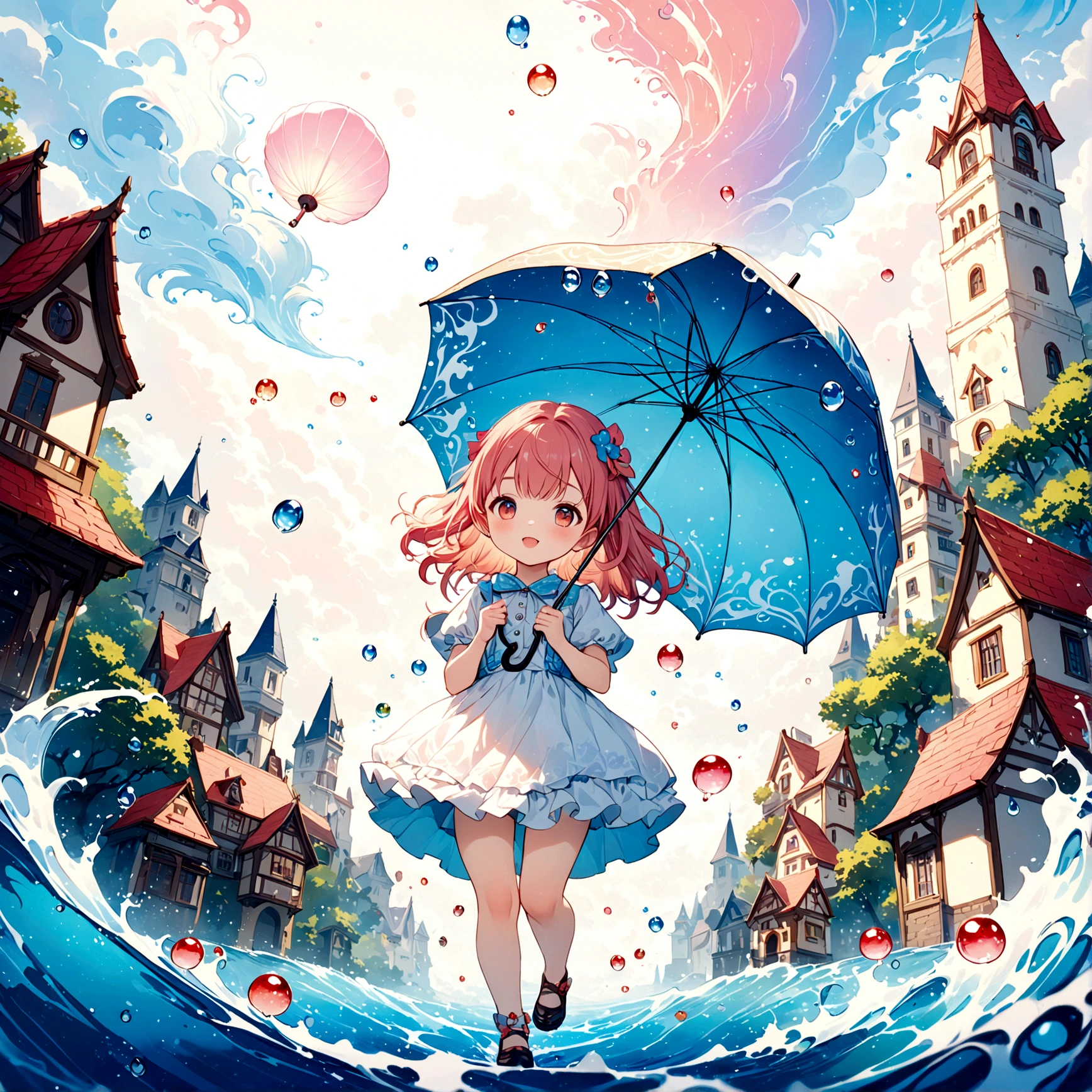 Cute illustration: landscape,Street corner on a rainy day,A landscape like something out of a picture book,Emotional,Girl is walking,BREAK,(Girl with an umbrella),umbrella,Anatomically correct,BREAK,Create an artistic background,Add a drop pattern to the background,The street is colorful, Fairytale-like,This is a cute illustration like a dream.,Blur the lines of the water droplets for an artistic look.,Intricate details,Wide range of colors,artwork,rendering,(masterpiece:1.3),(Highest quality:1.4),(Very detailedな:1.5),High resolution,Very detailed,unity 8k wallpaper,Structurally correct,cute,Fantasy
