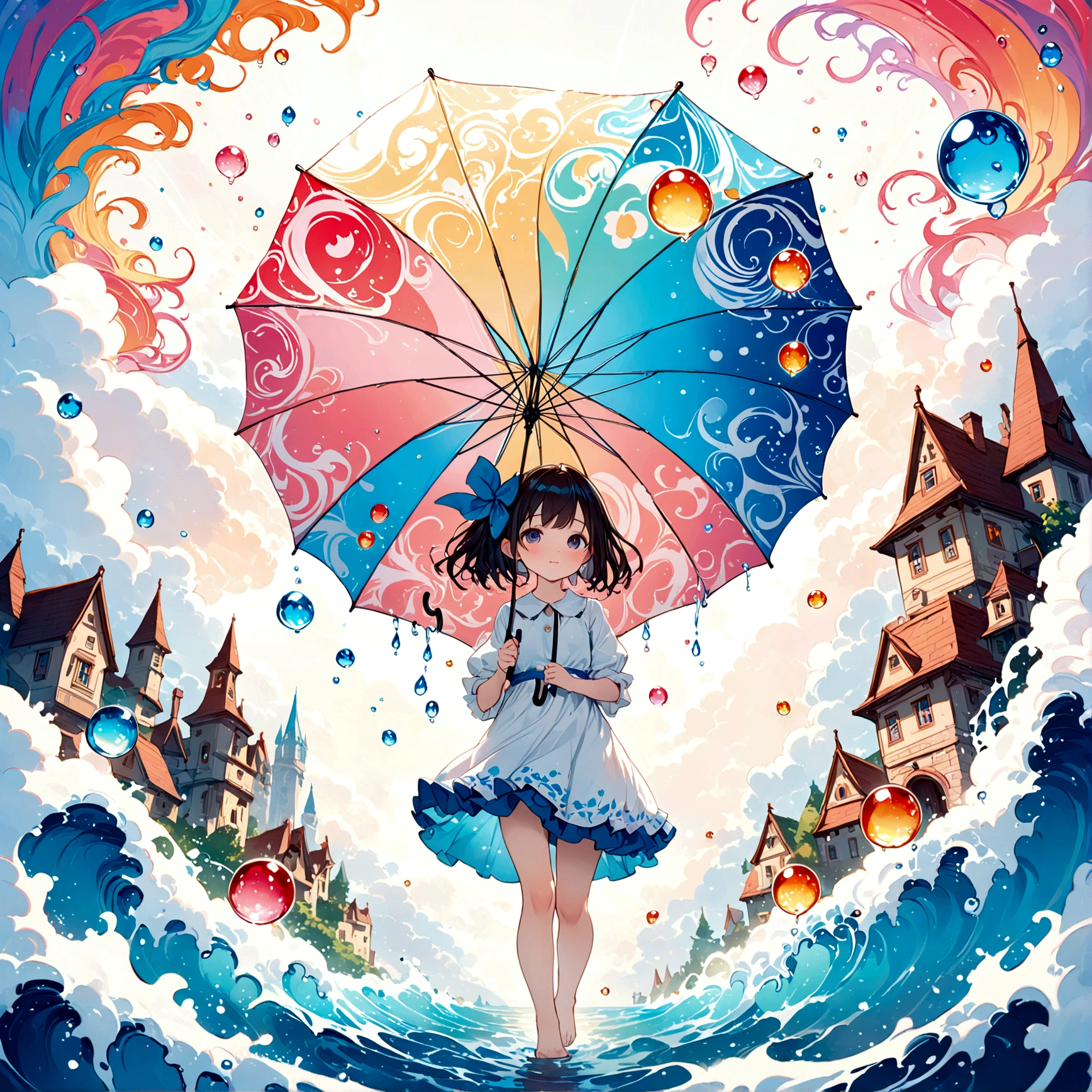 mignonイラスト: paysage,Coin de rue un jour de pluie,絵本に出てくるようなpaysage,Émotionnel,La fille marche,CASSER,(Girl with an parapluie),parapluie,anatomiquement correct,CASSER,Créer un fond artistique,Ajouter un motif de goutte à l&#39;arrière-plan,La rue est colorée, semblable à un conte de fée,This is a mignon illustration like a dream.,Estompez les lignes des gouttelettes d&#39;eau pour un look artistique.,Détails complexes,Large gamme de couleurs,ouvrages d&#39;art,le rendu,(chef-d&#39;œuvre:1.3),(la plus haute qualité:1.4),(Très détailléな:1.5),Haute résolution,Très détaillé,unité 8k fond d&#39;écran,structurellement correct,mignon,fantaisie