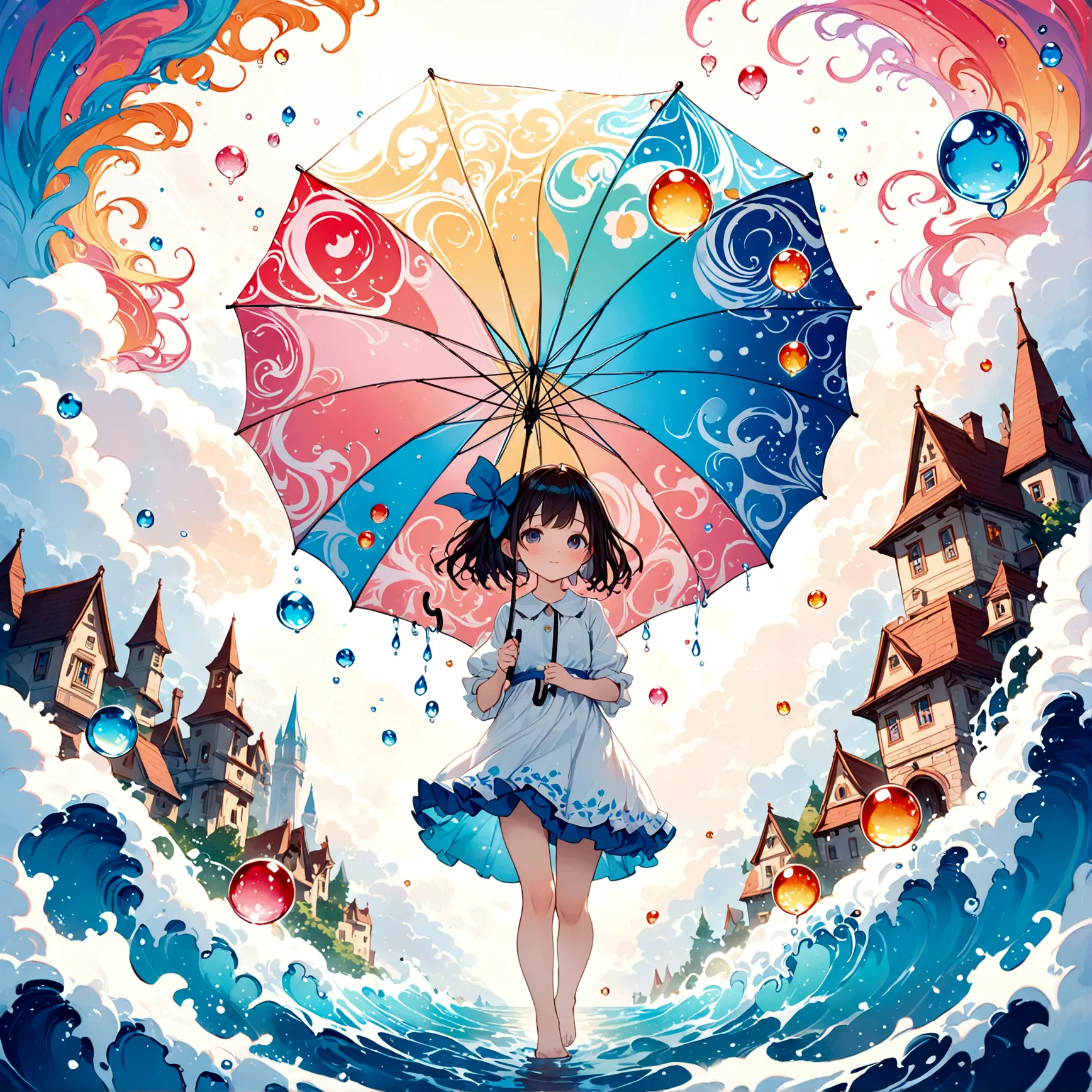 cuteイラスト: landscape,street corner on a rainy day,絵本に出てくるようなlandscape,emotional,girl is walking,break,(girl with an umbrella),umb...