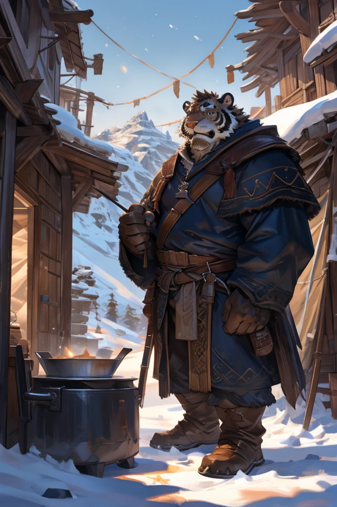 By Taran Fiddler, One man, furry, anthropomorphic snow tiger, mature male, dilf, older male, muscular, mustache, handsome face, white and black fur, stern face, medieval clothing, wearing light brown cloak, wearing satchel, standing up, arms crossed, cooking pot nearby, snow background, tent settlement background, moutain background, silhouettes in background (slightly crowded)