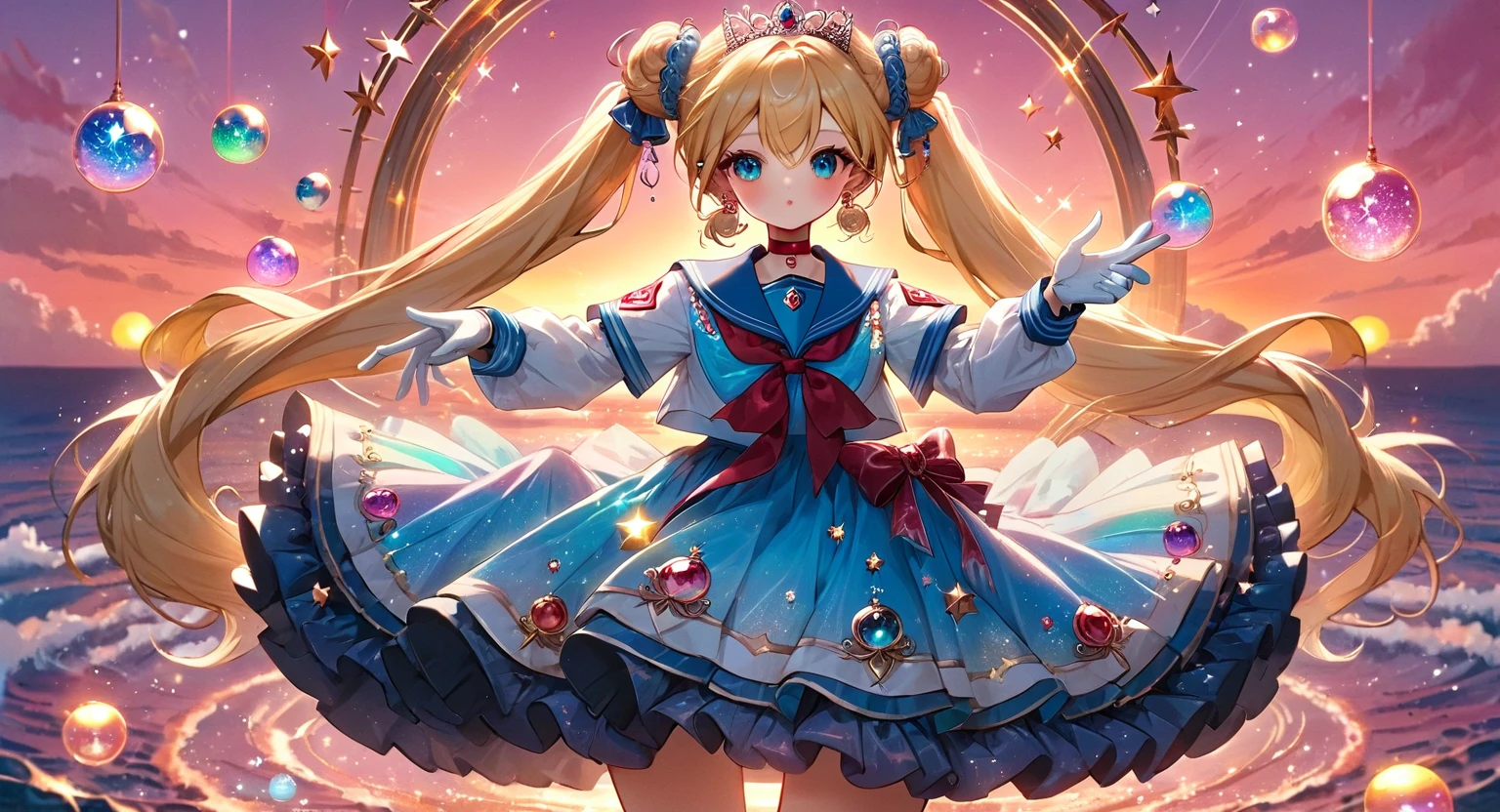 (masterpiece, best quality, very aesthetic, ultra detailed), intricate details, 4k, aausagi, long hair, blonde hair, double bun, twintails, parted bangs, tiara, earrings, blue eyes, red choker, blue sailor collar, red bow, white shirt, elbow gloves, white gloves, blue skirt, standing, posing in front of a pink sunset, ornate magical dress, coquette, glitter, magic effects, pastel colors, kawaii