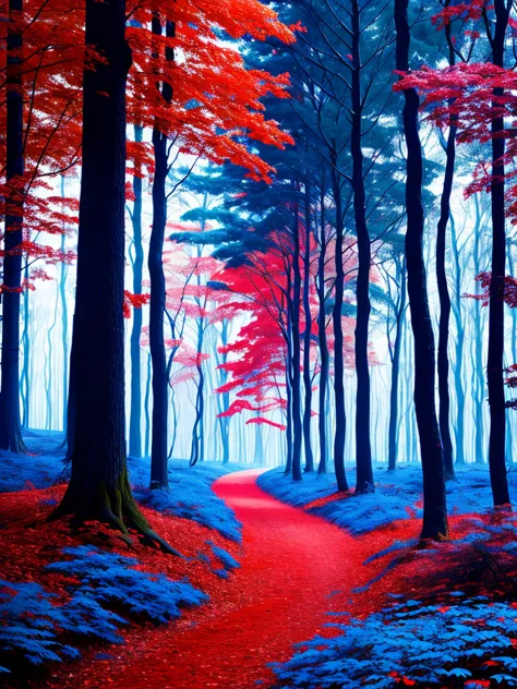 red and blue contrast forest