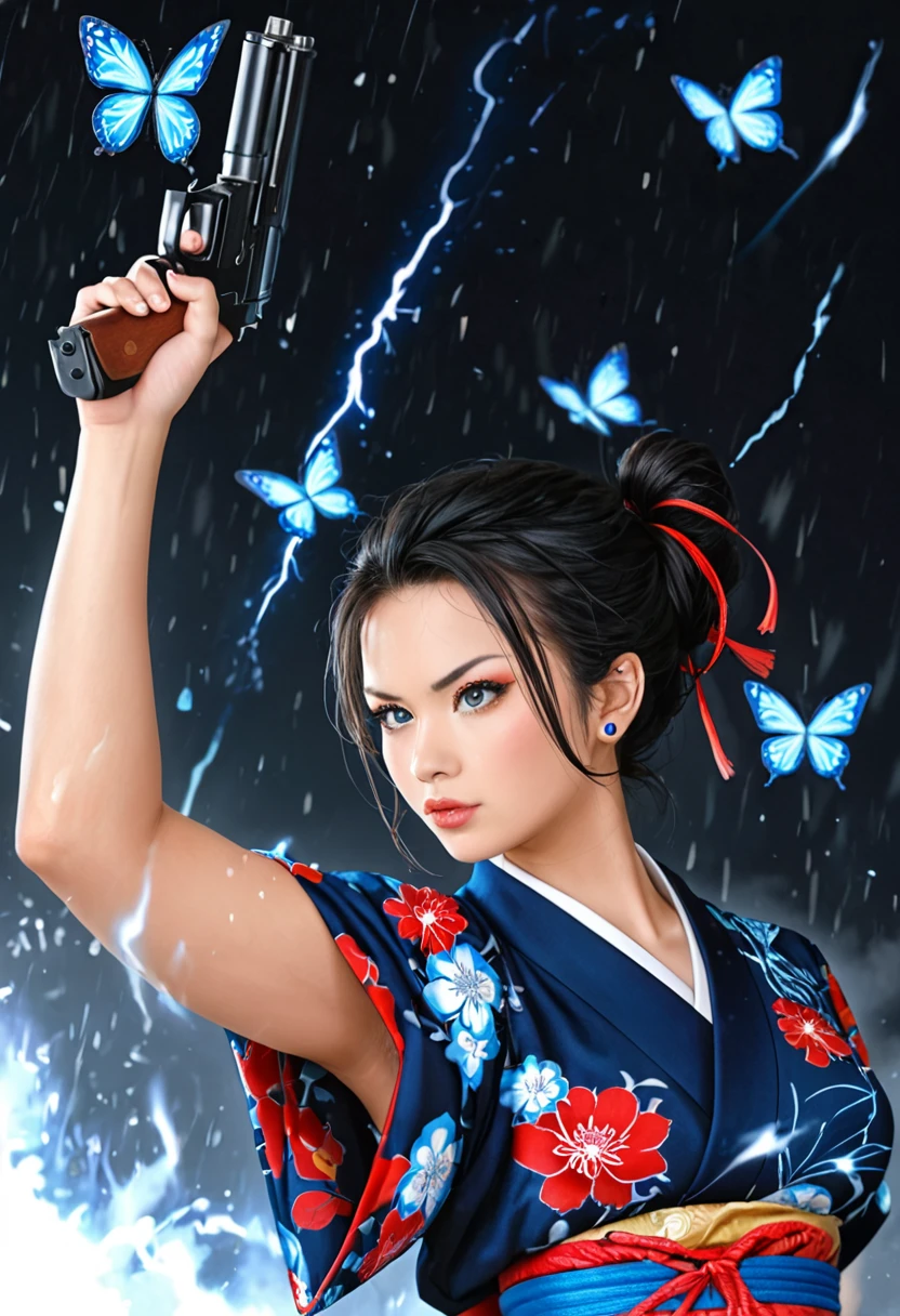 Black background. Distant view. A woman in a Meiji-era kimono stands staring in front of her with a gun at the ready. Around her, a flock of blue butterflies flit about like a storm. In the style of Japanese ukiyoe. Flamboyant action poses.