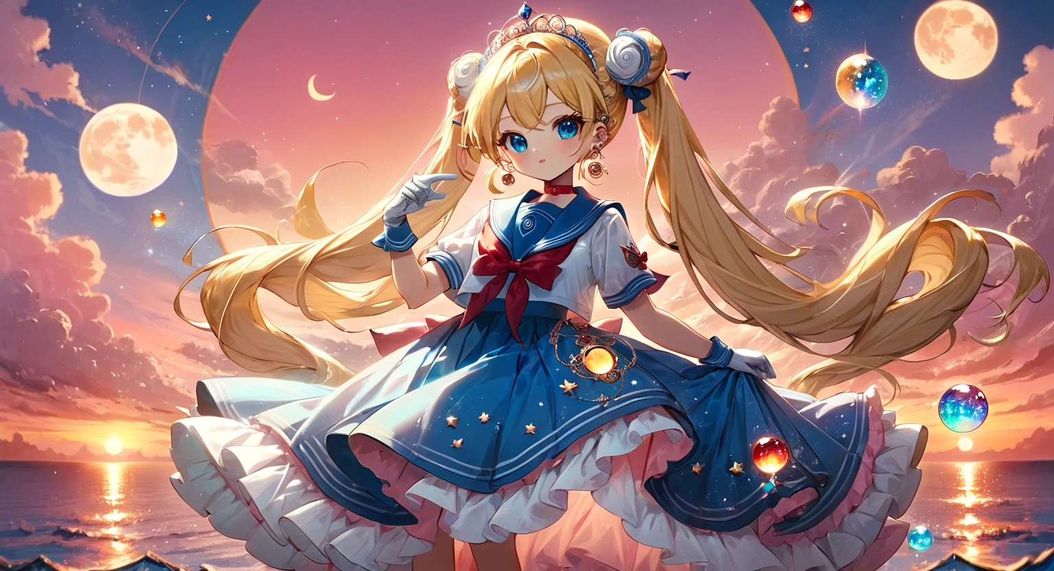 (masterpiece, best quality, very aesthetic, ultra detailed), intricate details, 4k, aausagi, sailor moon, long hair, blonde hair, double bun, twintails, parted bangs, tiara, earrings, blue eyes, red choker, blue sailor collar, red bow, white shirt, elbow gloves, white gloves, blue skirt, standing, posing in front of a pink sunset, ornate magical dress, coquette, glitter, magic effects, pastel colors,