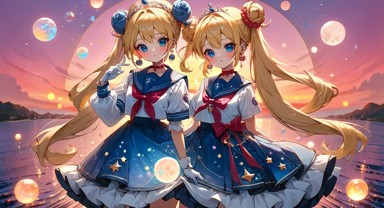 (masterpiece, best quality, very aesthetic, ultra detailed), intricate details, 4k, aausagi, sailor moon, long hair, blonde hair, double bun, twintails, parted bangs, tiara, earrings, blue eyes, red choker, blue sailor collar, red bow, white shirt, elbow gloves, white gloves, blue skirt, standing, posing in front of a pink sunset, ornate magical dress, coquette, glitter, magic effects, pastel colors,