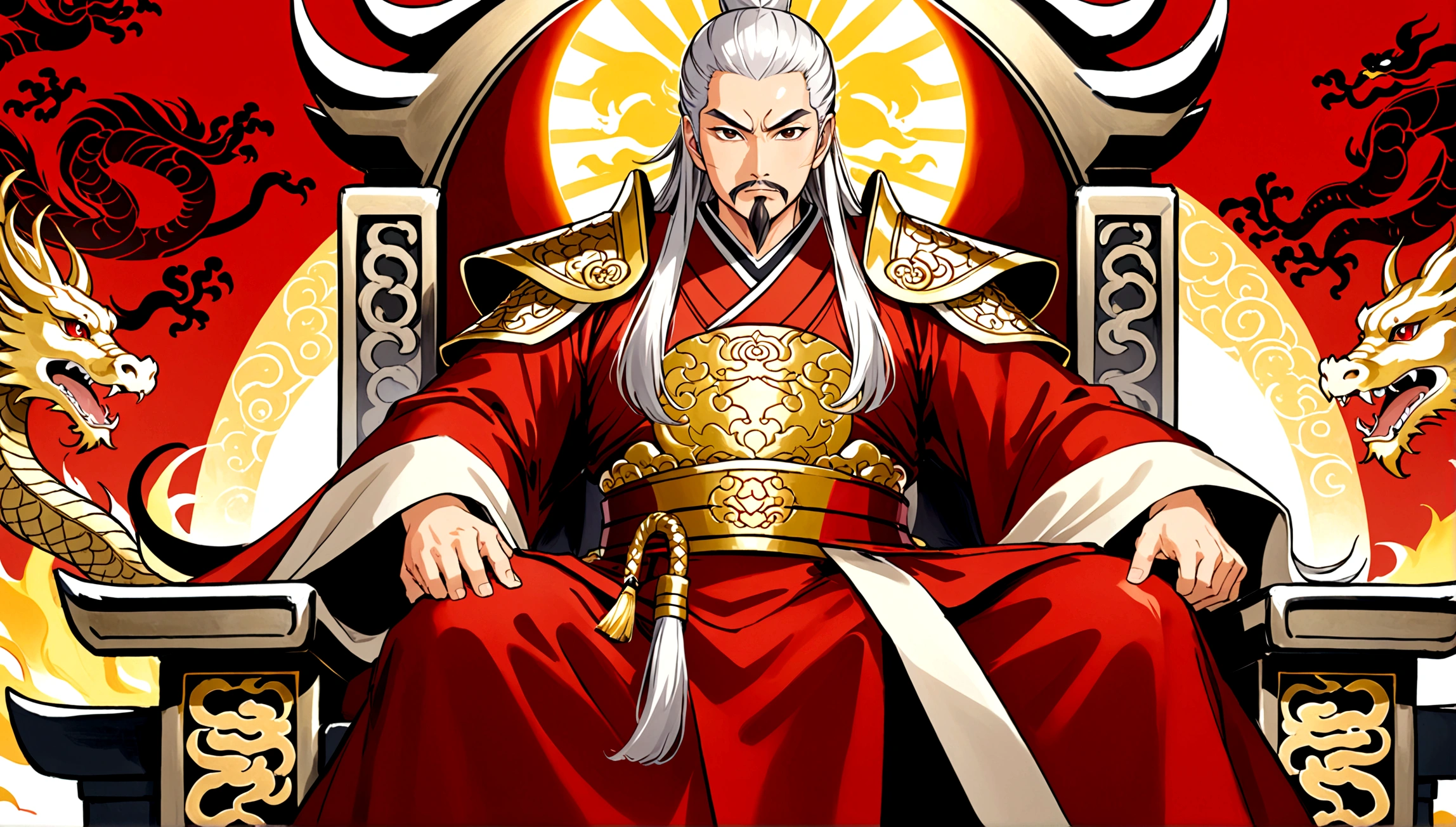 2 men,A dignified middle-aged man，long silver hair，Thick eyebrows長須，Shirasu Chocho，Wearing a golden robe with dragon patterns，Sitting on a gorgeous throne。A muscular middle-aged man，short hair、Thick eyebrows、short beard，Wearing a red belt。Armor with sun symbol，Holding a golden sword，Stand before the throne.