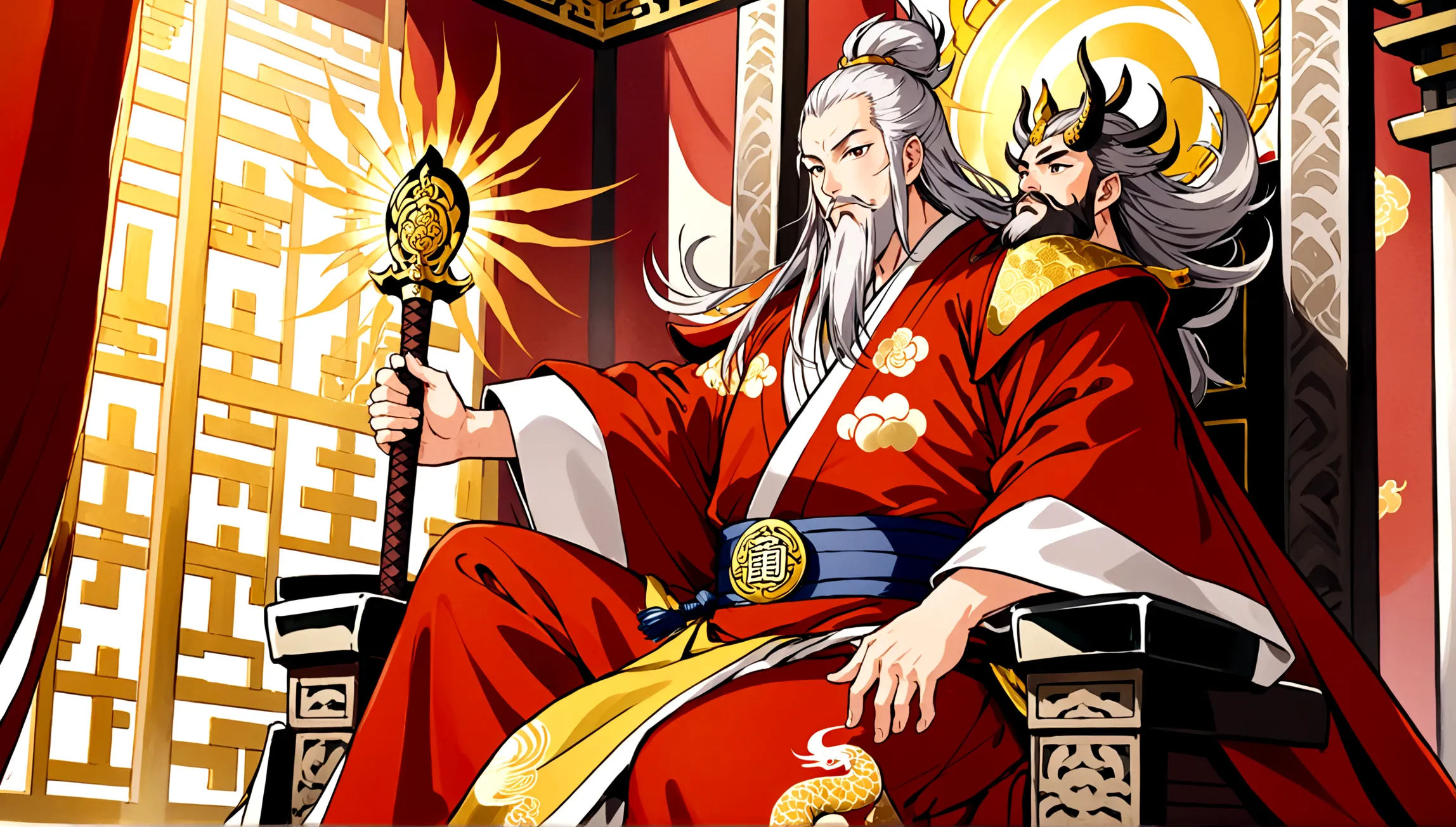 2 men,A dignified middle-aged man，long silver hair，Thick eyebrows長須，Shirasu Chocho，Wearing a golden robe with dragon patterns，Si...