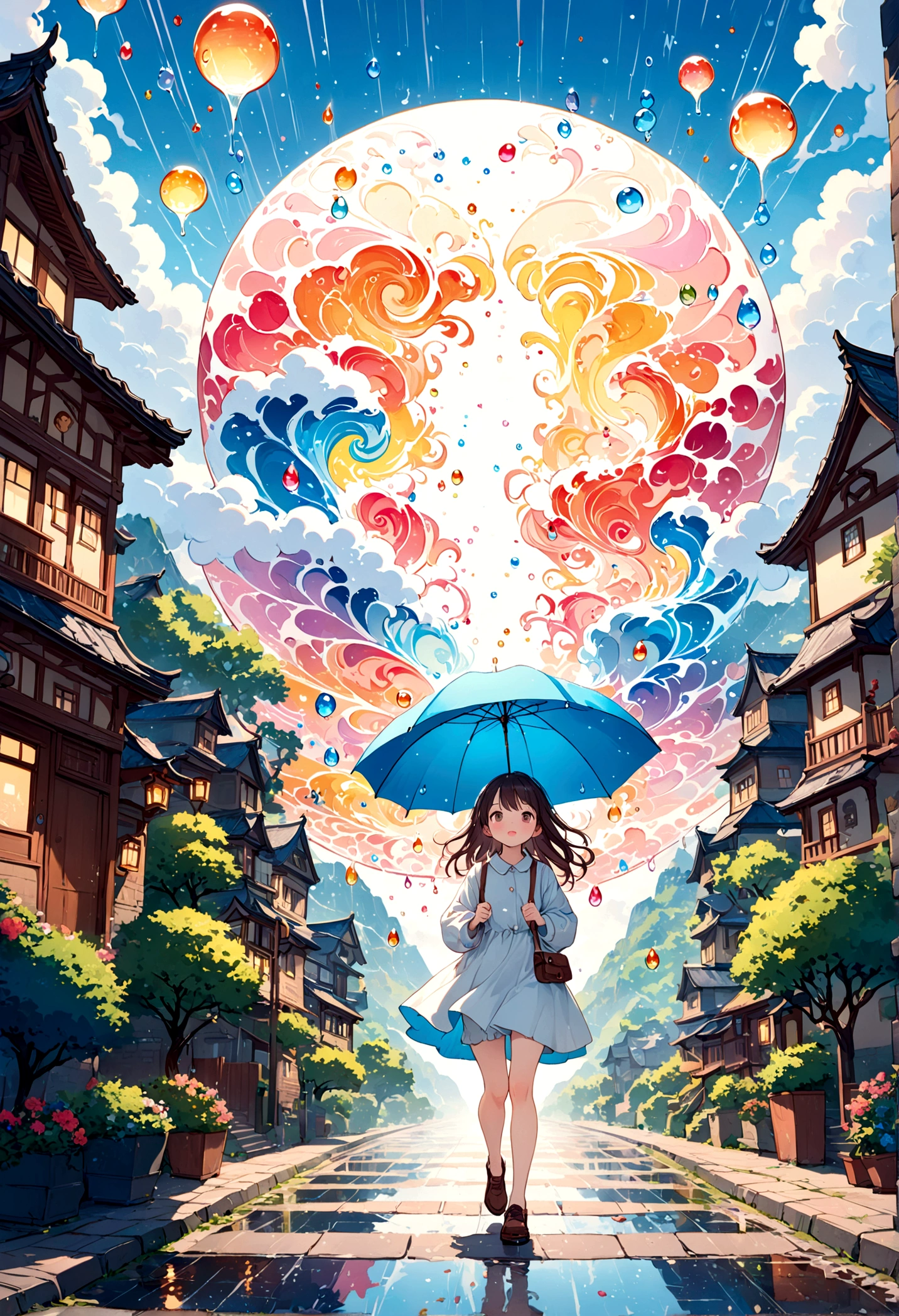 lindoイラスト: paisaje,esquina de la calle en un día lluvioso,絵本に出てくるようなpaisaje,emocional,la chica esta caminando,break,(Chica con un 傘),anatómicamente correcto,break,crear un fondo artístico,Agregar un patrón de caída al fondo,La calle es colorida, como un cuento de hadas,This is a lindo illustration like a dream.,Difumina las líneas de las gotas de agua para darle un aspecto artístico..,detalles intrincados,Amplia gama de colores,obra de arte,representación,(Obra maestra:1.3),(de la máxima calidad:1.4),(Muy detalladoな:1.5),alta resolución,Muy detallado,fondo de pantalla de unidad 8k,estructuralmente correcto,lindo,Fantasía