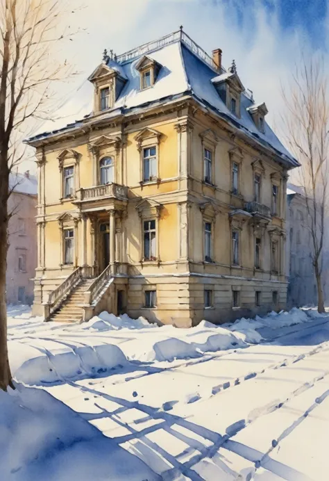 (Watercolor painting in Sargent style)、(best quality、masterpiece) Winter sunlight and snow , Old building, Elegant and old-fashi...