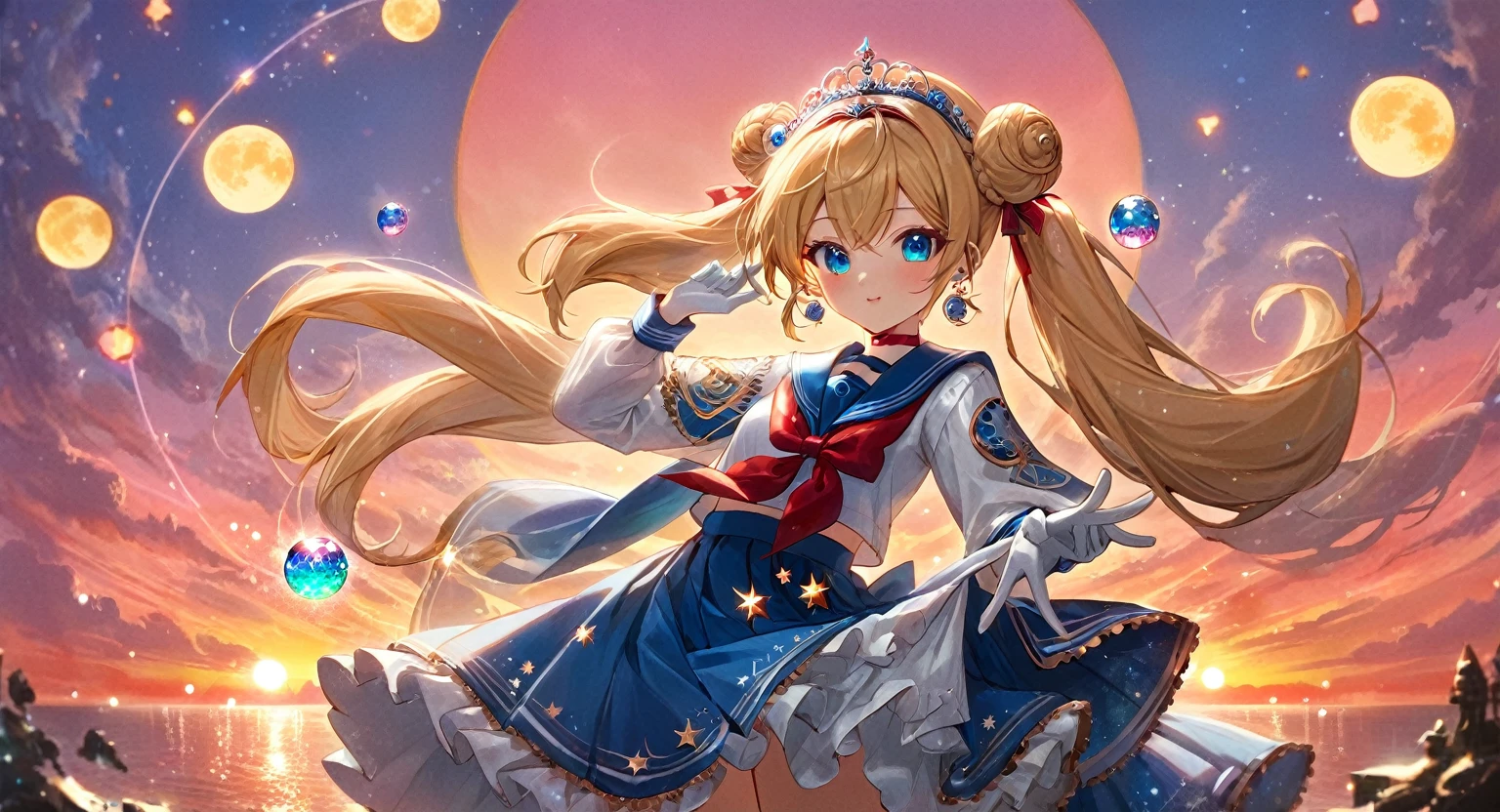 (masterpiece, best quality, very aesthetic, ultra detailed), intricate details, 4k, aausagi, sailor moon, long hair, blonde hair, double bun, twintails, parted bangs, tiara, earrings, blue eyes, red choker, blue sailor collar, red bow, white shirt, elbow gloves, white gloves, blue skirt, standing, posing in front of a pink sunset, ornate magical dress, coquette, glitter, magic effects, pastel colors,