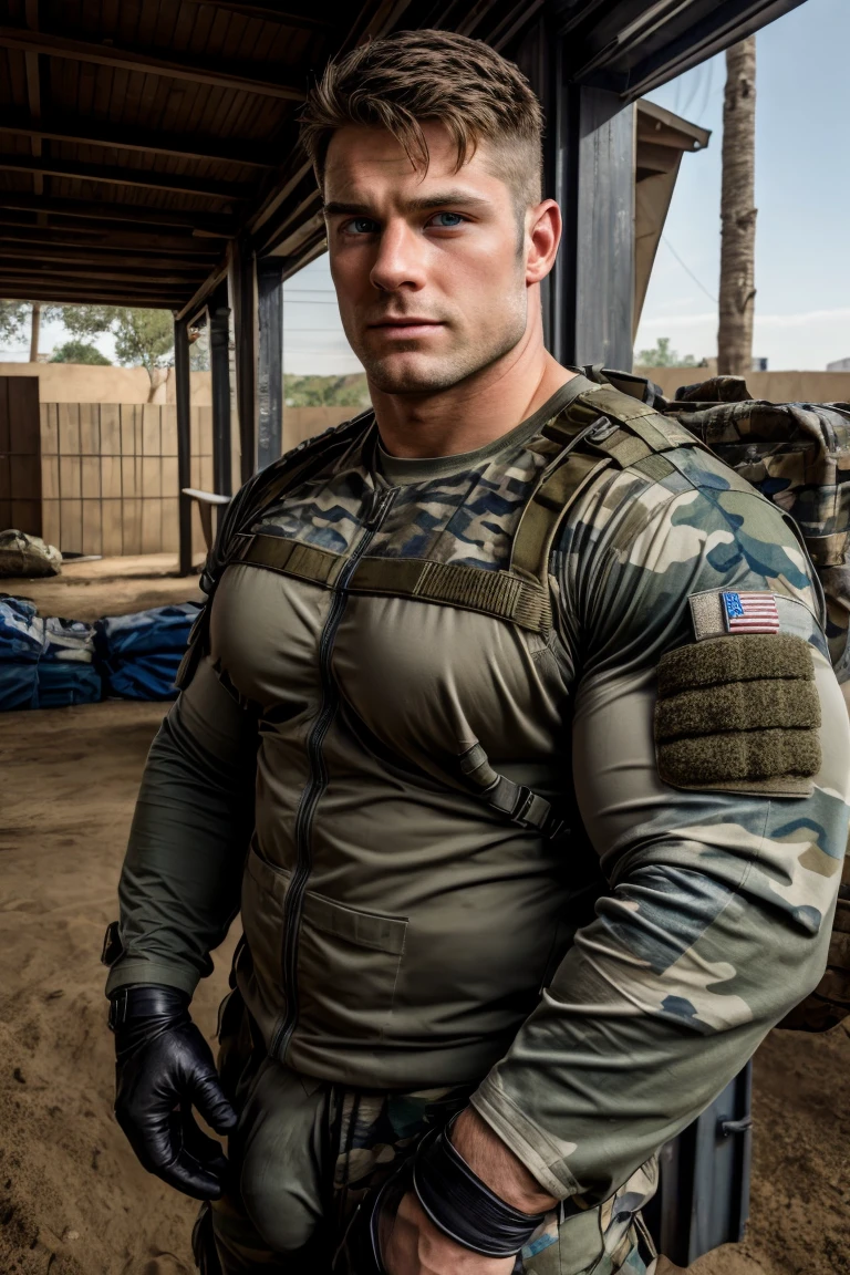 gran angular，Calidad de imagen realista de 8K, elegante, hombre, blue eyes，Usar ropa de camuflaje ajustada, soldado, , cuartel, gran bulto, muscular, Pectoral mayor，Hinchazón de los músculos del pecho.，Excelente J8, gran corazón,Detalles faciales perfectos，Expresión sexy y encantadora.